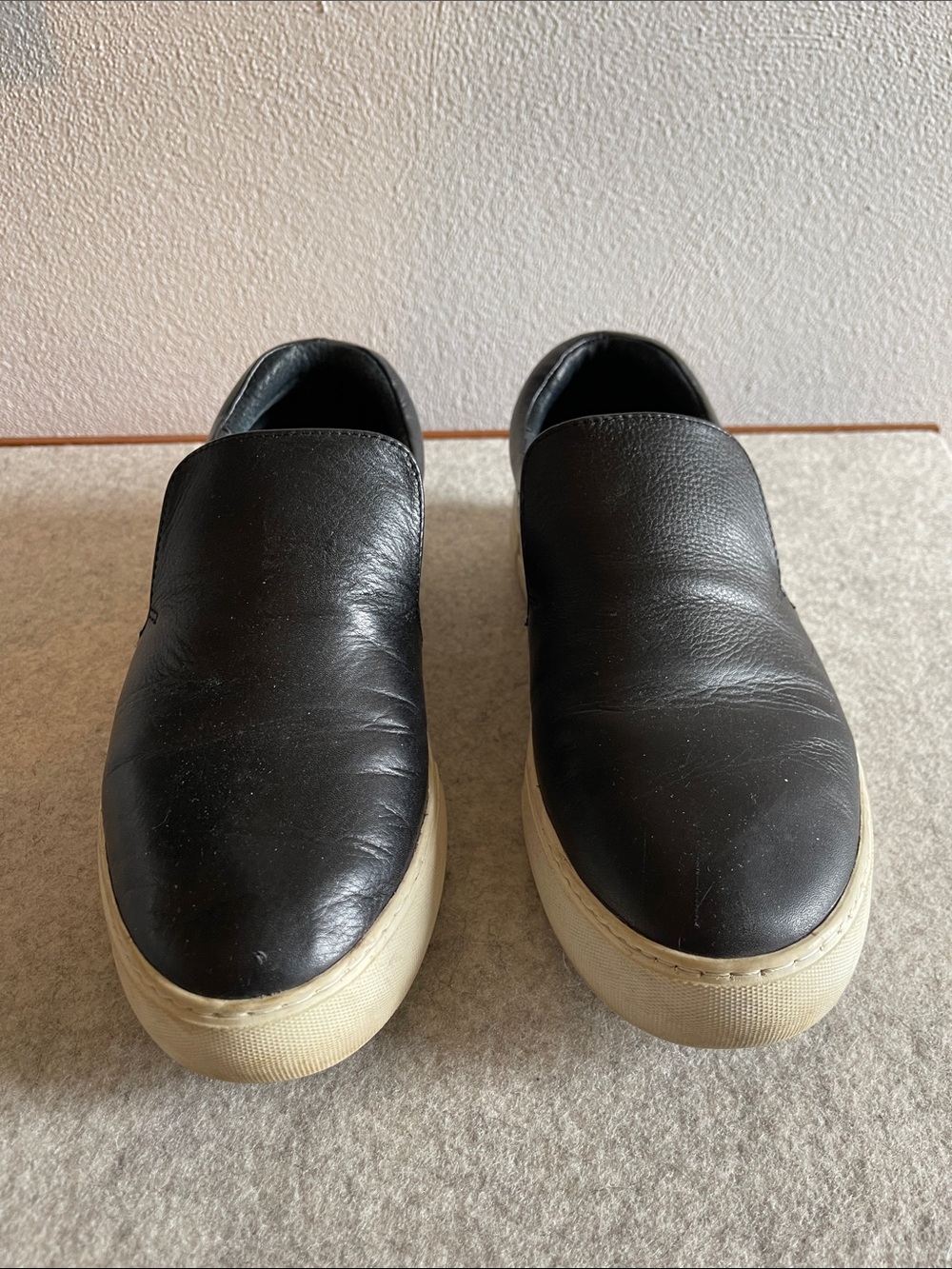Women's Black Leather Slip-On Loafers with Cream Sole